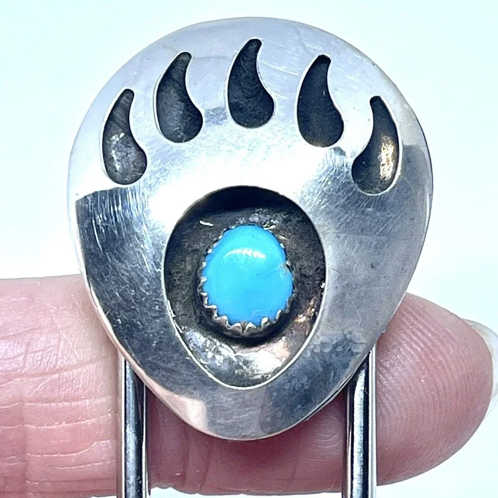Giant Safety Pin Keyring Navajo Bear Paw Print Turquoise Keychain 4in Mens Gift